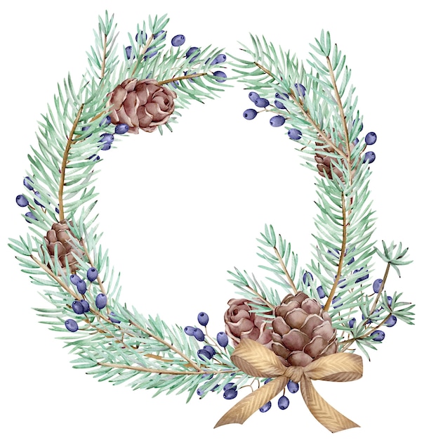 Watercolor Christmas winter pinebranch and cones wreath and New Years card isolated on the white background