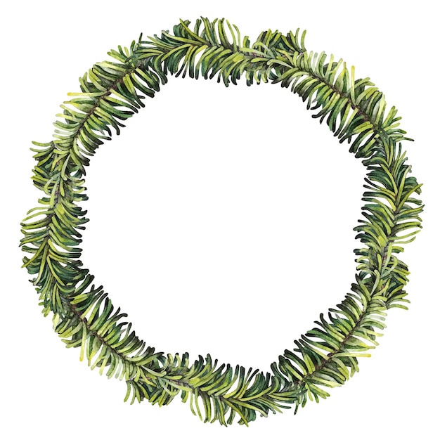 Watercolor christmas wreath frame fir branch and background