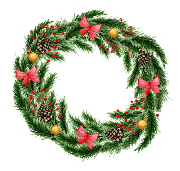 Watercolor Christmas wreath with decorations.