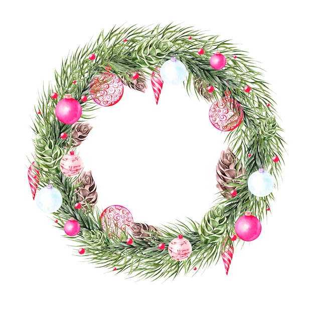 Watercolor Christmas wreath with fir branches, christmas toys. Illustration for greeting cards and invitations. Illustration