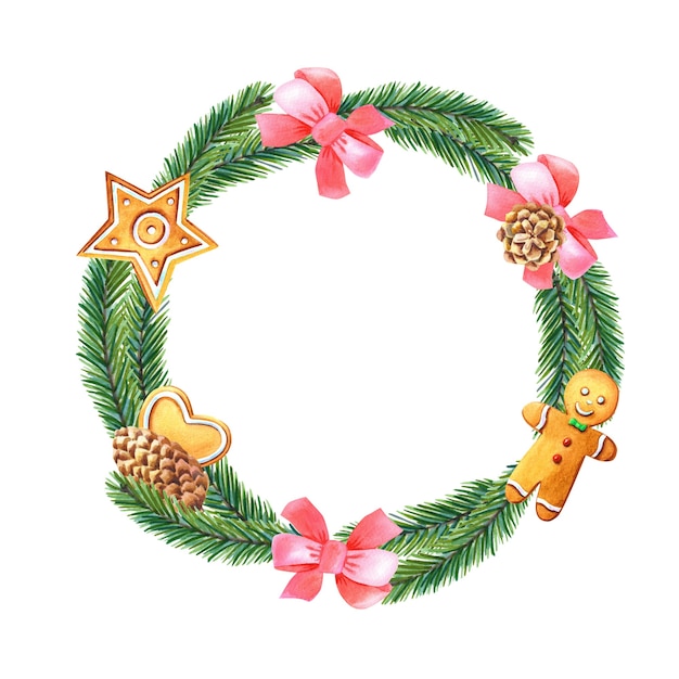 Watercolor Christmas wreath with green tree, pink bow,pine tree,gingerbread man,heart,star.