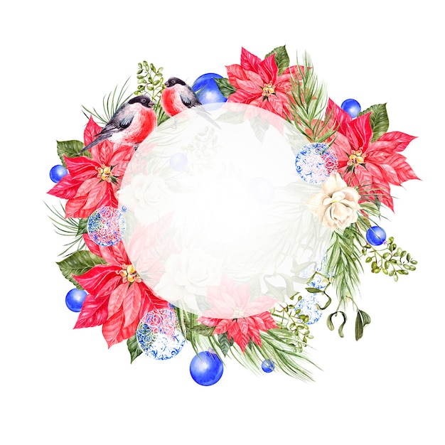 Watercolor Christmas wreath with toys, bow, berries and pine. Illustration for greeting cards and invitations.