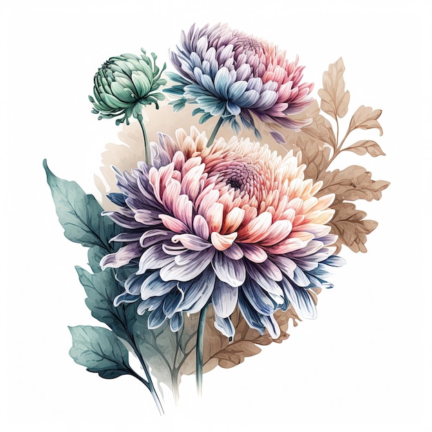 Watercolor chrysanthemums illustration Wedding invitation Botanical art print