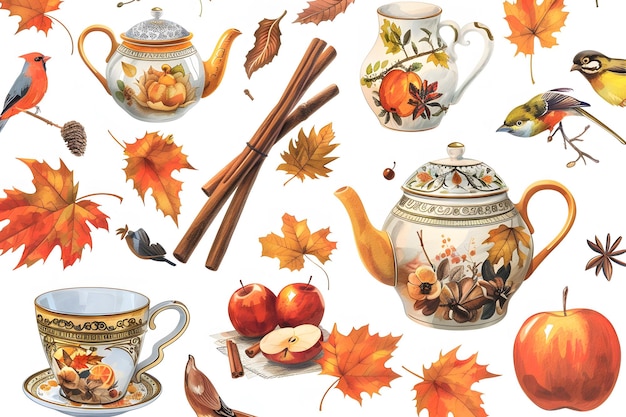 Watercolor Cinnamon Apple Tea Clipart autumn gold tea cups garden tea clip art