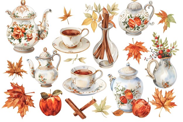 Photo watercolor cinnamon apple tea clipart autumn gold tea cups garden tea clip art