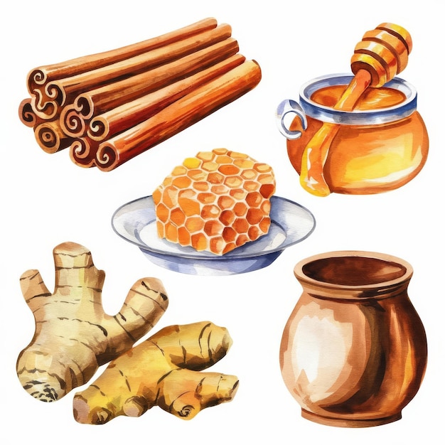 Watercolor cinnamon honey honeycomb ginger turmeric root spices isolated on white background