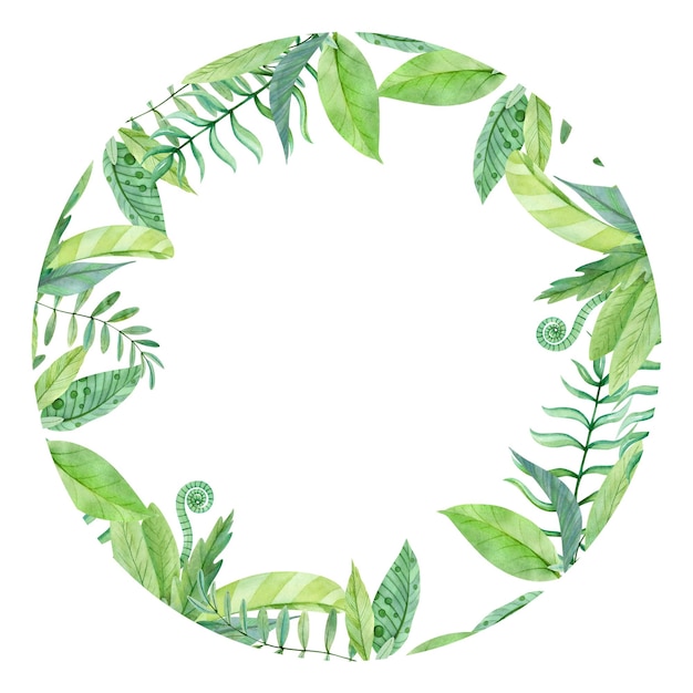 Watercolor circle frame with tropical leaves.