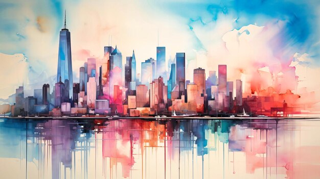 Watercolor Cityscape Vibrant Urban Landscape with Colorful Buildings Skyline and Artistic Flair