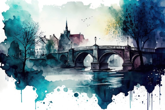 Watercolor Cityscape with Bridge and River in Cool Colors