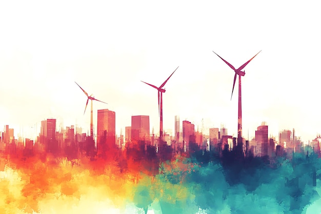 Watercolor Cityscape with Wind Turbines