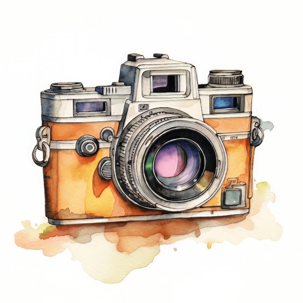 Watercolor Classic Retro Camera Isolated White Background Ai Generated