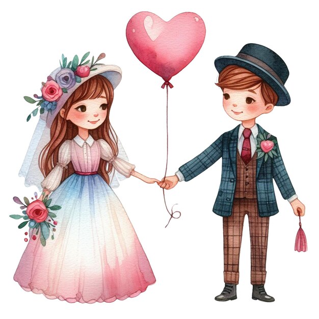 A watercolor clip art of a couple holding hands with a heartshaped balloon