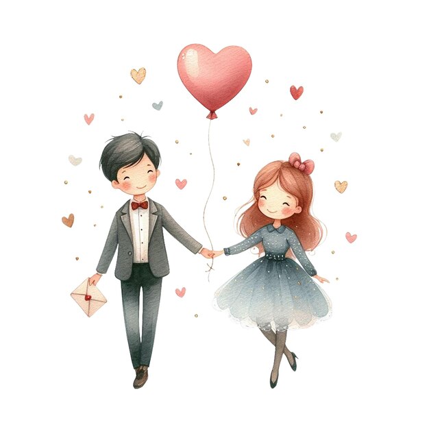 A watercolor clip art of a couple holding hands with a heartshaped balloon