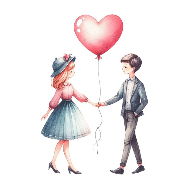 A watercolor clip art of a couple holding hands with a heartshaped balloon