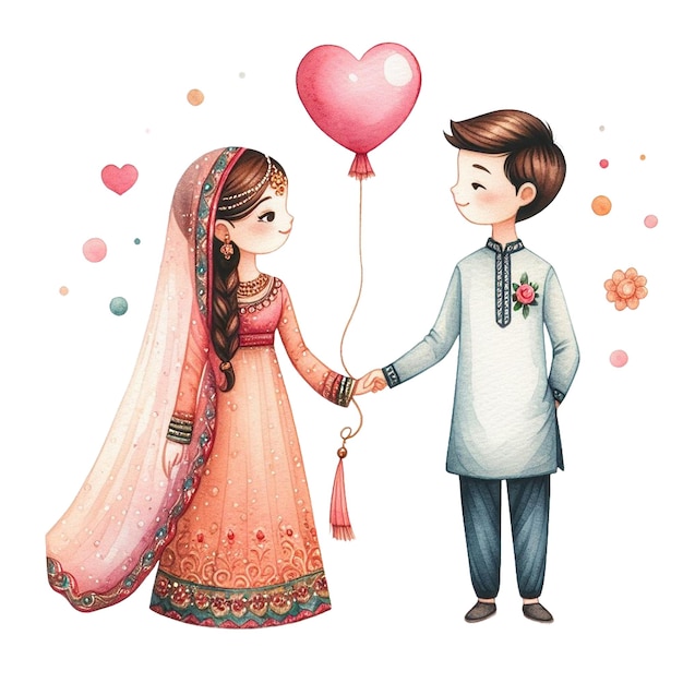 A watercolor clip art of a couple holding hands with a heartshaped balloon