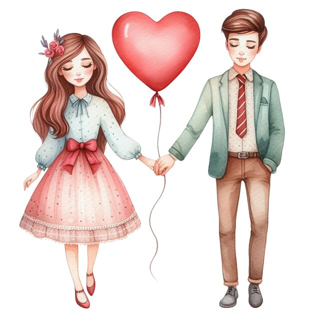 A watercolor clip art of a couple holding hands with a heartshaped balloon