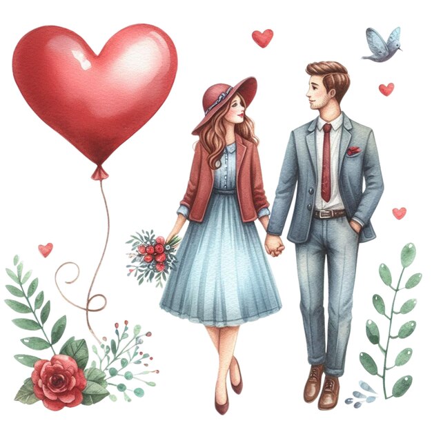 A watercolor clip art of a couple holding hands with a heartshaped balloon