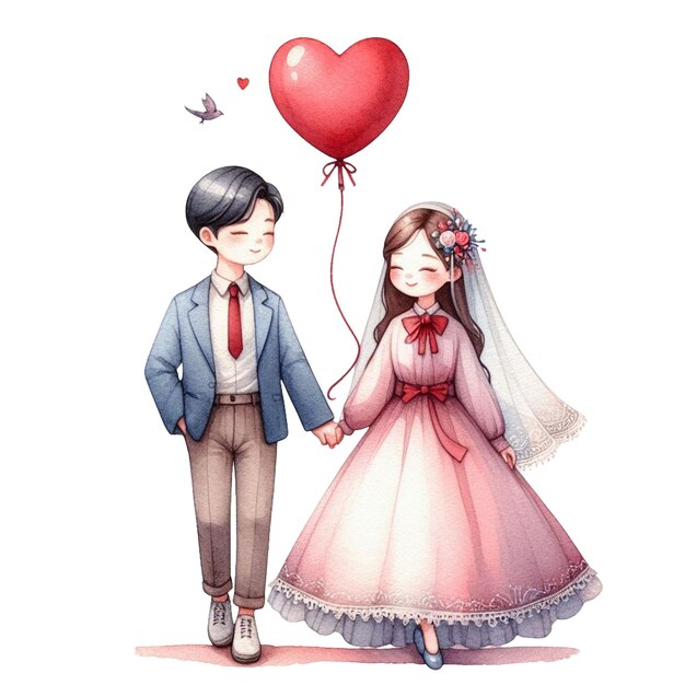 A watercolor clip art of a couple holding hands with a heartshaped balloon