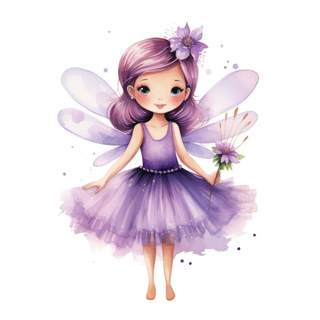 Watercolor clip art cute fairy in purple tones wearing