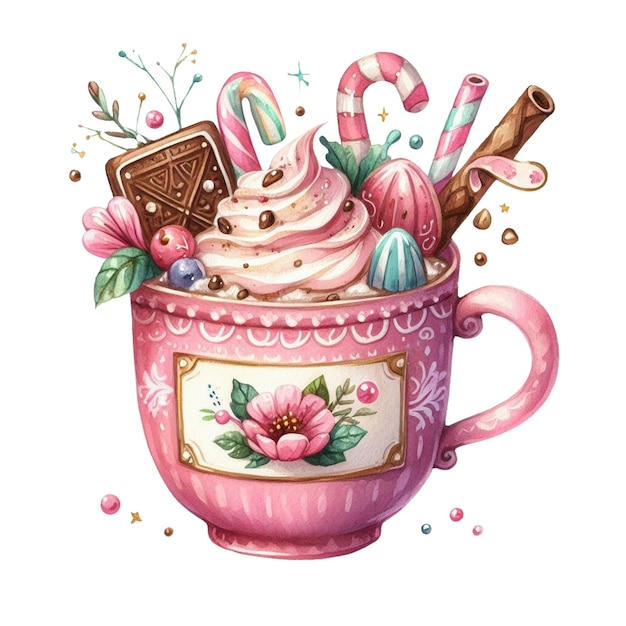 A watercolor clip art of a pink mug filled with a creamy beverage topped with various decorations