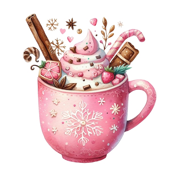 A watercolor clip art of a pink mug filled with a creamy beverage topped with various decorations