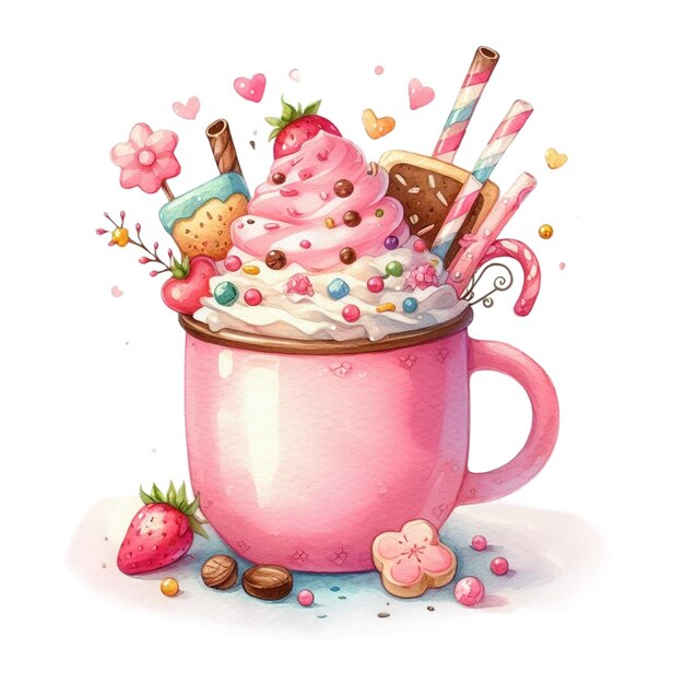 A watercolor clip art of a pink mug filled with a creamy beverage topped with various decorations