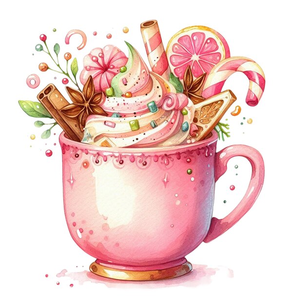 A watercolor clip art of a pink mug filled with a creamy beverage topped with various decorations