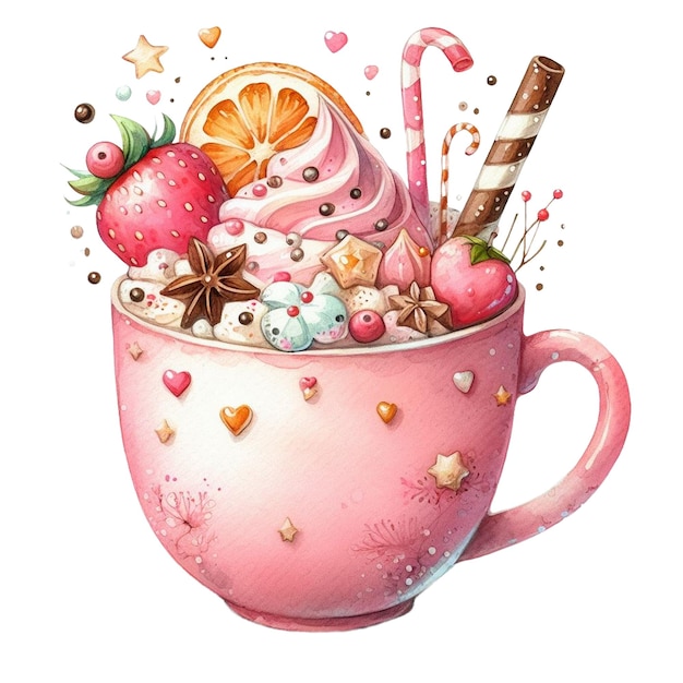 A watercolor clip art of a pink mug filled with a creamy beverage topped with various decorations