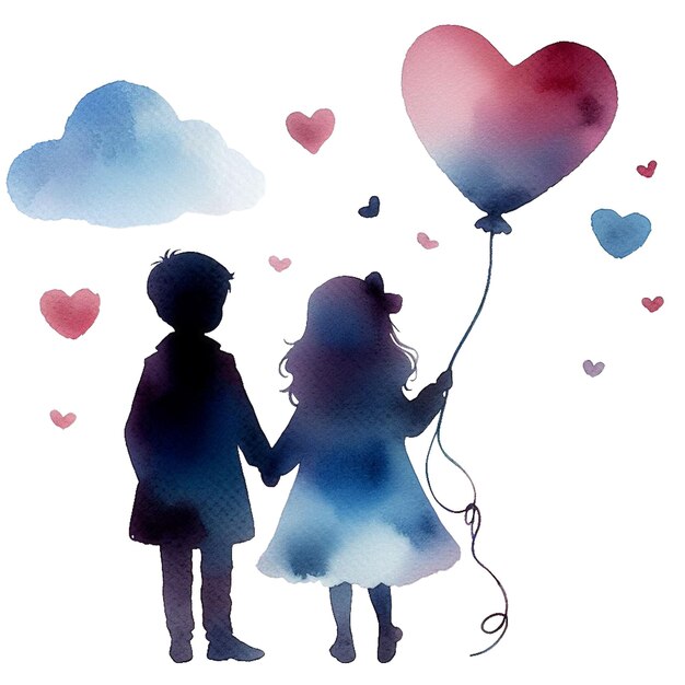 A watercolor clip art of two silhouetted figures with a heartshaped balloon