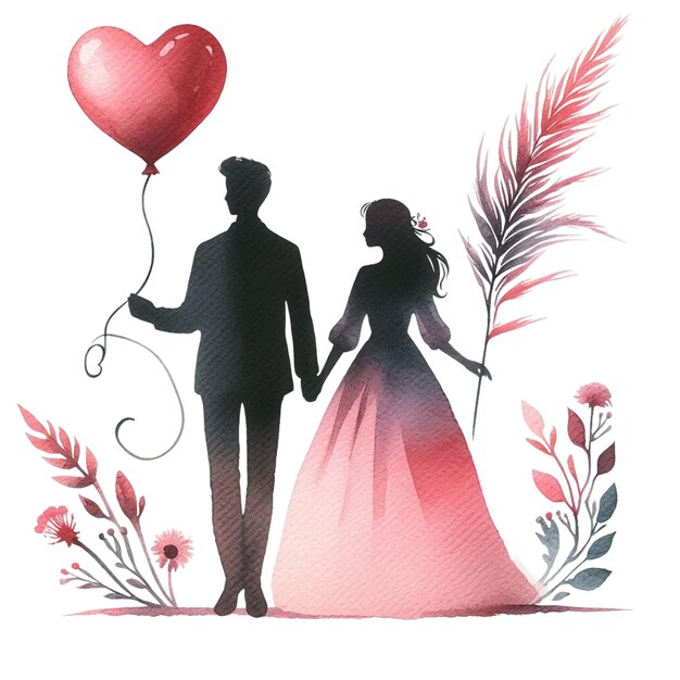 A watercolor clip art of two silhouetted figures with a heartshaped balloon