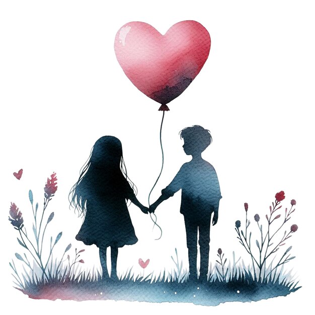 A watercolor clip art of two silhouetted figures with a heartshaped balloon