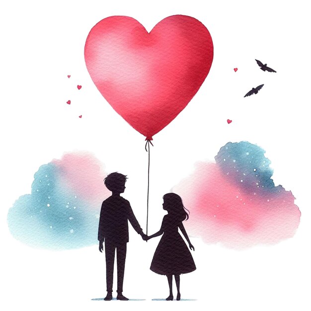 A watercolor clip art of two silhouetted figures with a heartshaped balloon