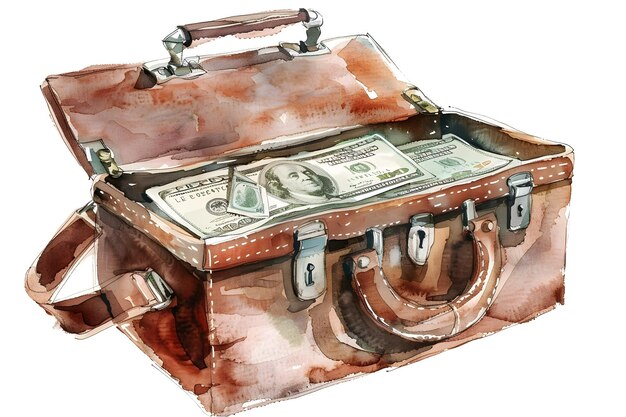 Photo watercolor clipart of a briefcase full of cash isolated on white background long title this