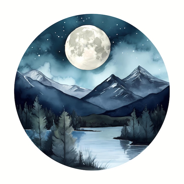 Watercolor clipart of a fantasy landscape of a fuul moon mountain and river