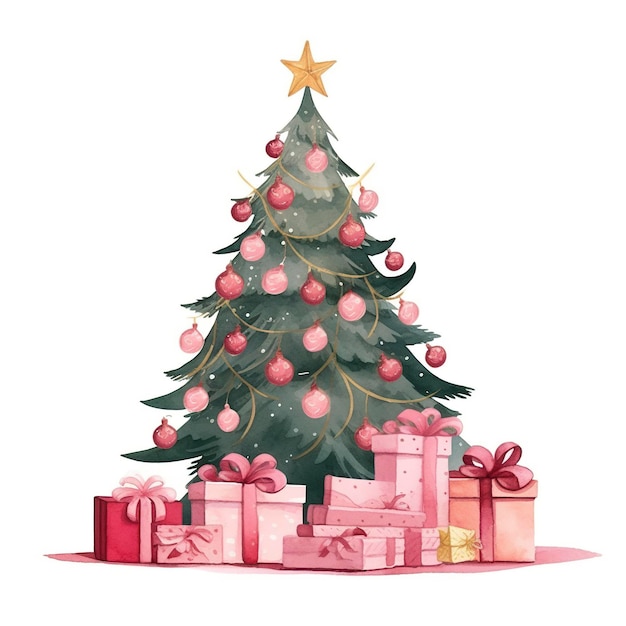 Watercolor clipart illustration of Christmas pine tree with gifts