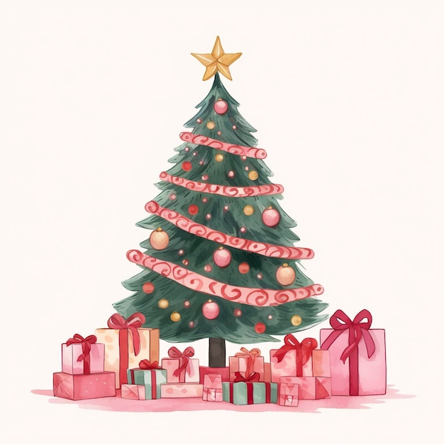 Watercolor clipart illustration of Christmas pine tree with gifts