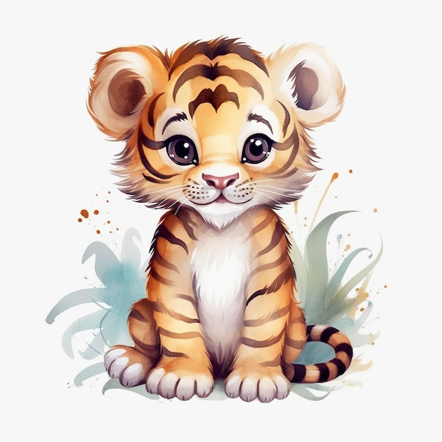 Watercolor clipart illustration of cute tiger cub