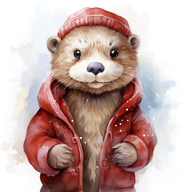 Watercolor clipart illustration of otter dressed in Christmas clothes