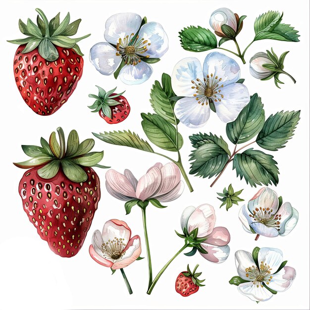 Photo watercolor clipart pack featuring strawberries single flowers and elements in pastel colors on a white background perfect for fruitthemed designs and artistic compositions