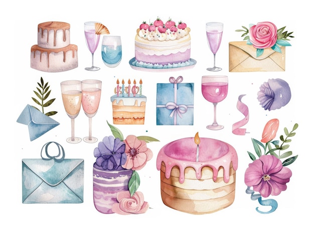 Watercolor clipart with birthday items