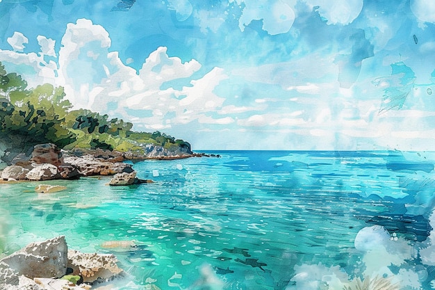 Photo watercolor coastal landscape with blue sky and ocean