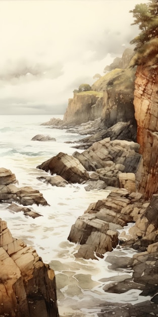 Watercolor Coastline Painting With Subtle Earth Tones