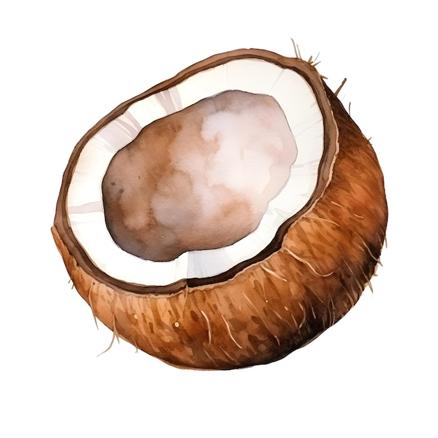 Watercolor Coconut with Detailed Tropical and Fresh Appearance on Clean White Background