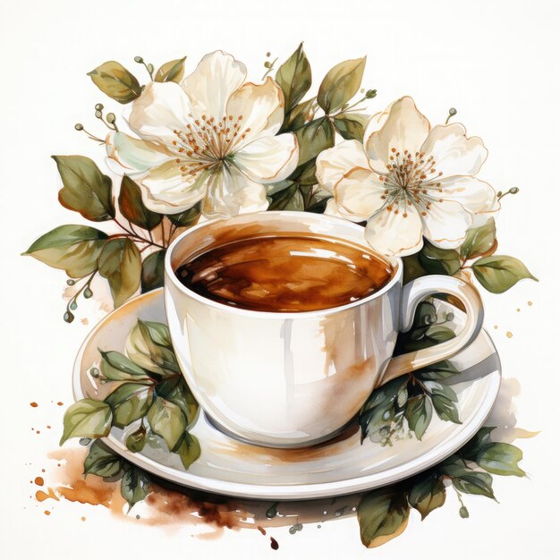 Watercolor Coffee Cup With Flower Illustration Generative Ai