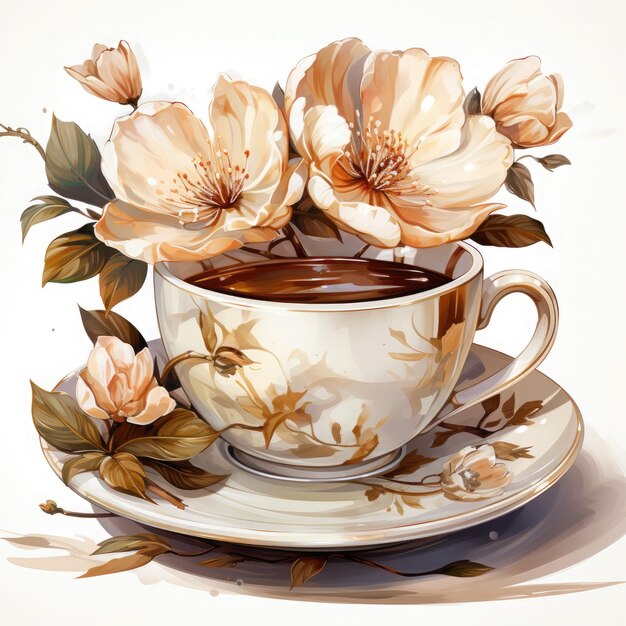 Watercolor Coffee Cup With Flower Illustration Generative Ai