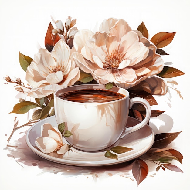 Watercolor Coffee Cup With Flower Illustration Generative Ai