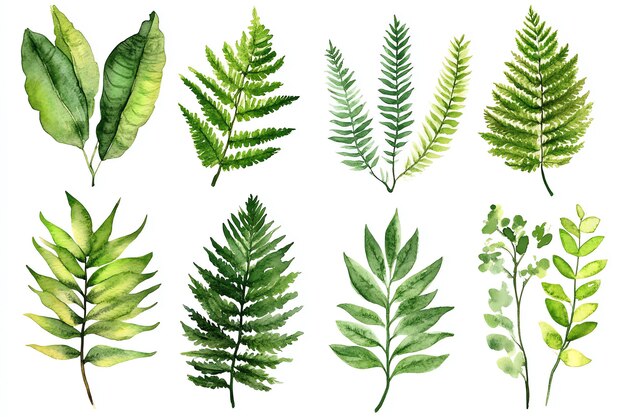 Photo watercolor collection of ten green leaves and fern branches isolated on white background