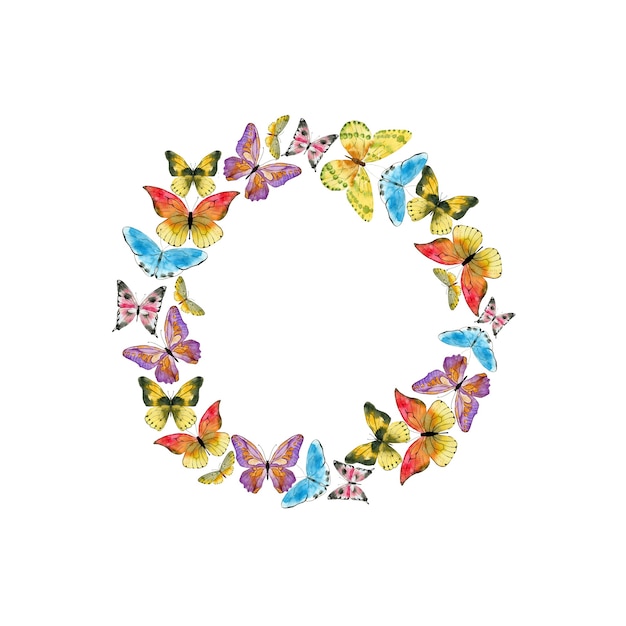 Watercolor coloful wreath with butterflies