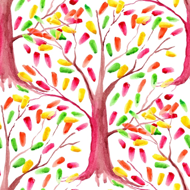 Watercolor colorful autumn tree wood forest seamless pattern