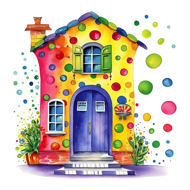 Watercolor colorful cute happy house with polka dot isolated Generative AI